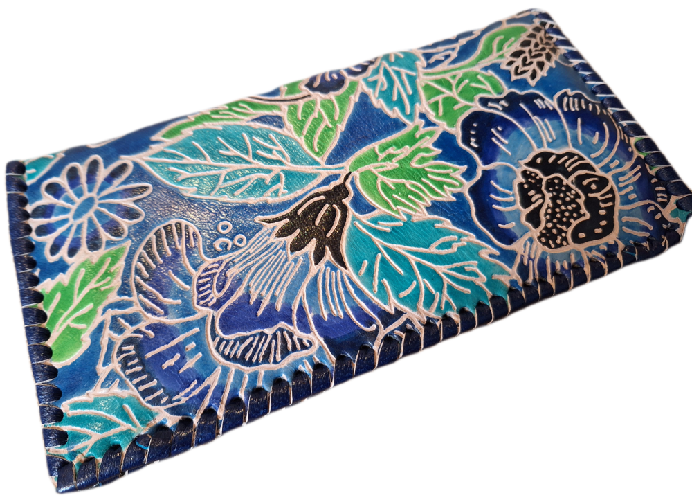 Embossed Leather Stitch Purse - Blue Floral