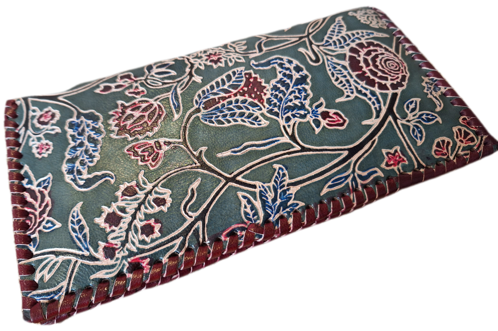 Embossed Leather Stitch Purse - Green Floral