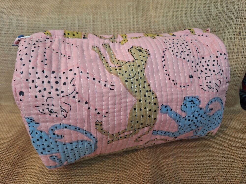 Indian Cotton Toiletries Bag - Large Pink Cheetah