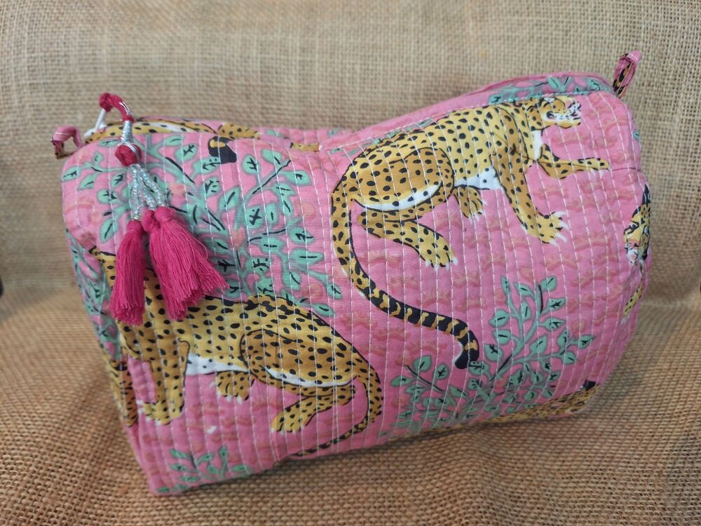 Indian Cotton Toiletries Bag - Large Pink Leopard