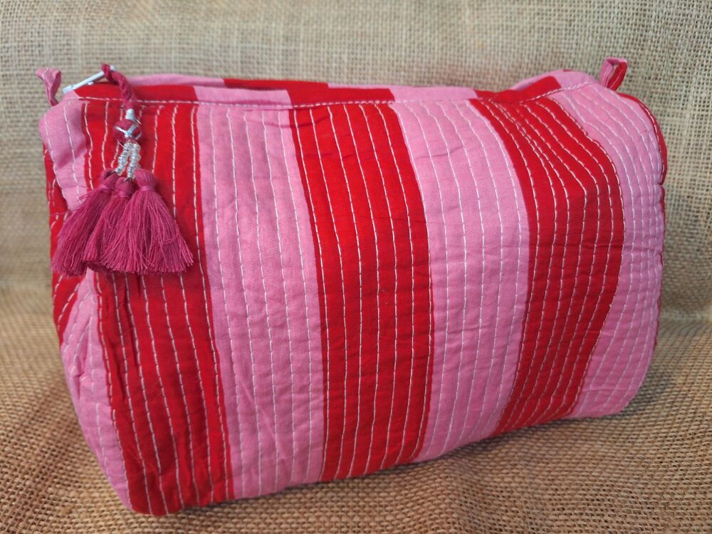Indian Cotton Toiletries Bag - Large Red & Pink Stripe