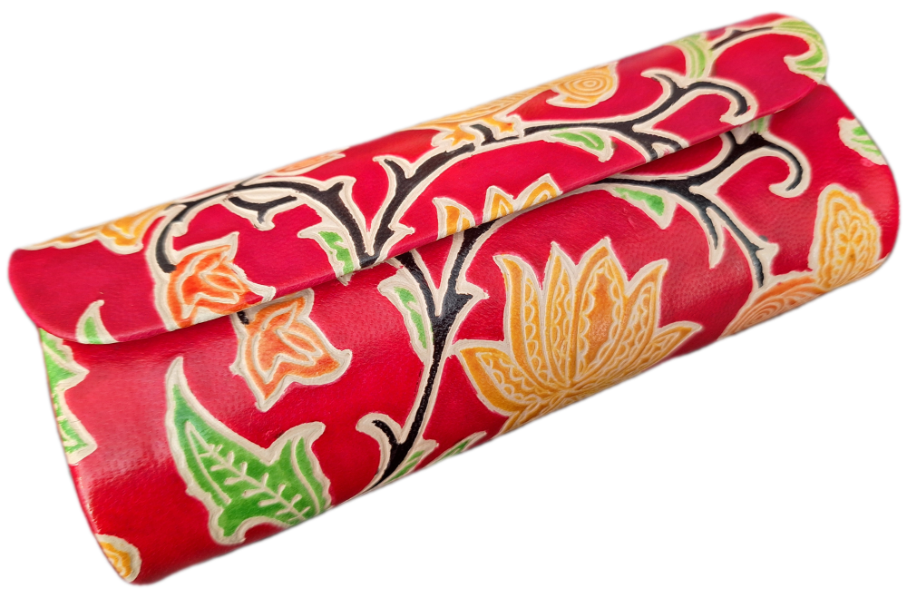 Embossed Leather Glasses Case - Red Birds Floral