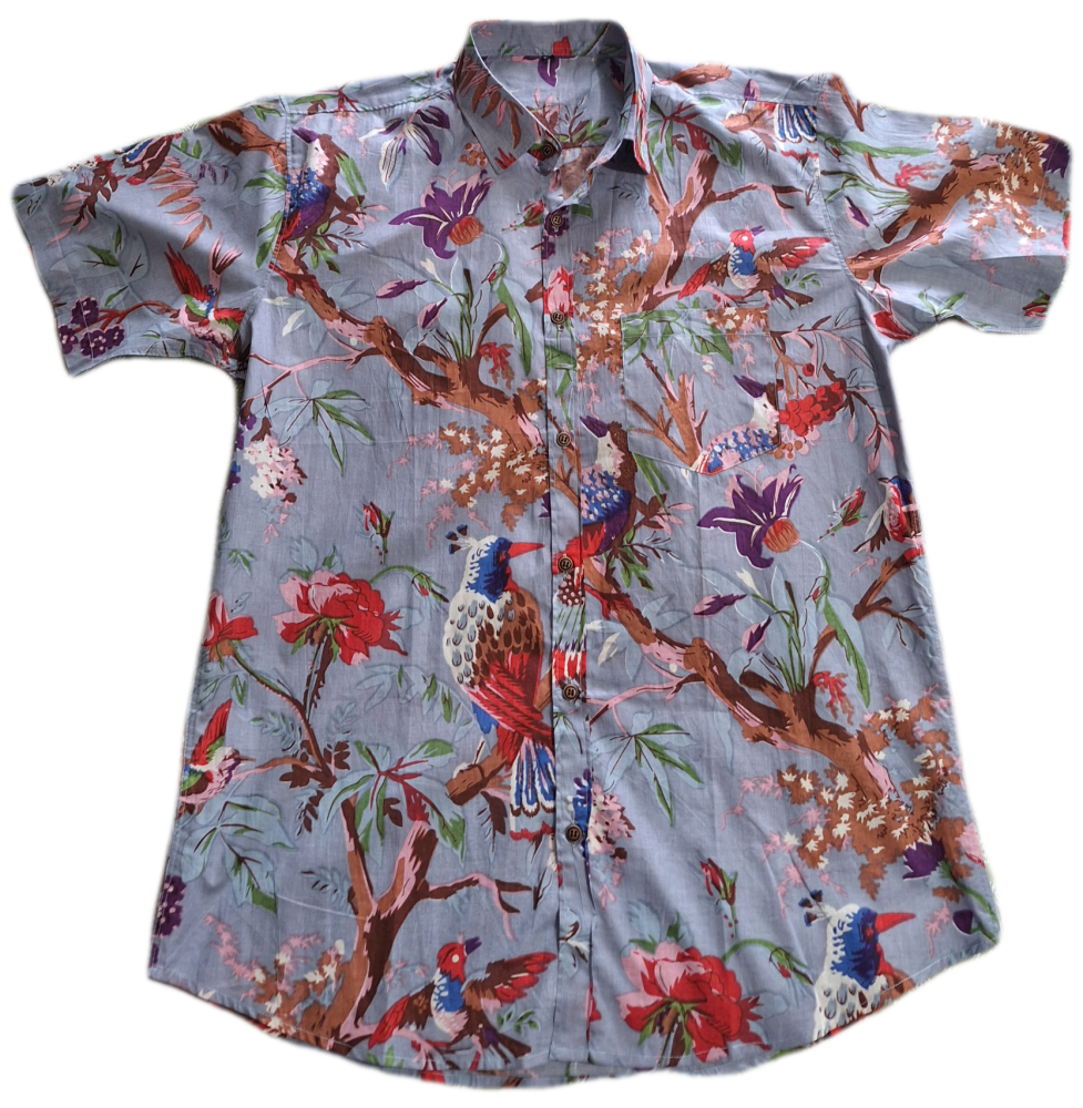 Men's Indian Cotton Shirt - XXL - Grey Birds