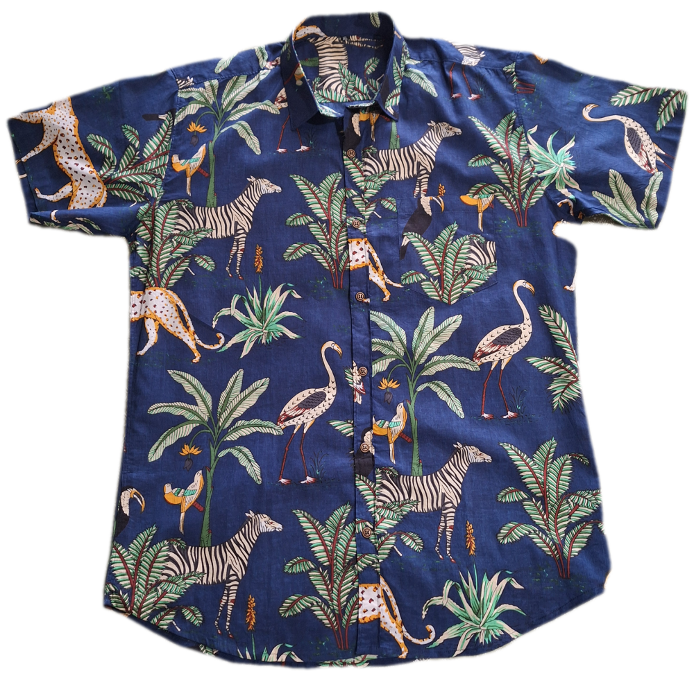 Men's Indian Cotton Shirt - XXL - Navy Jungle