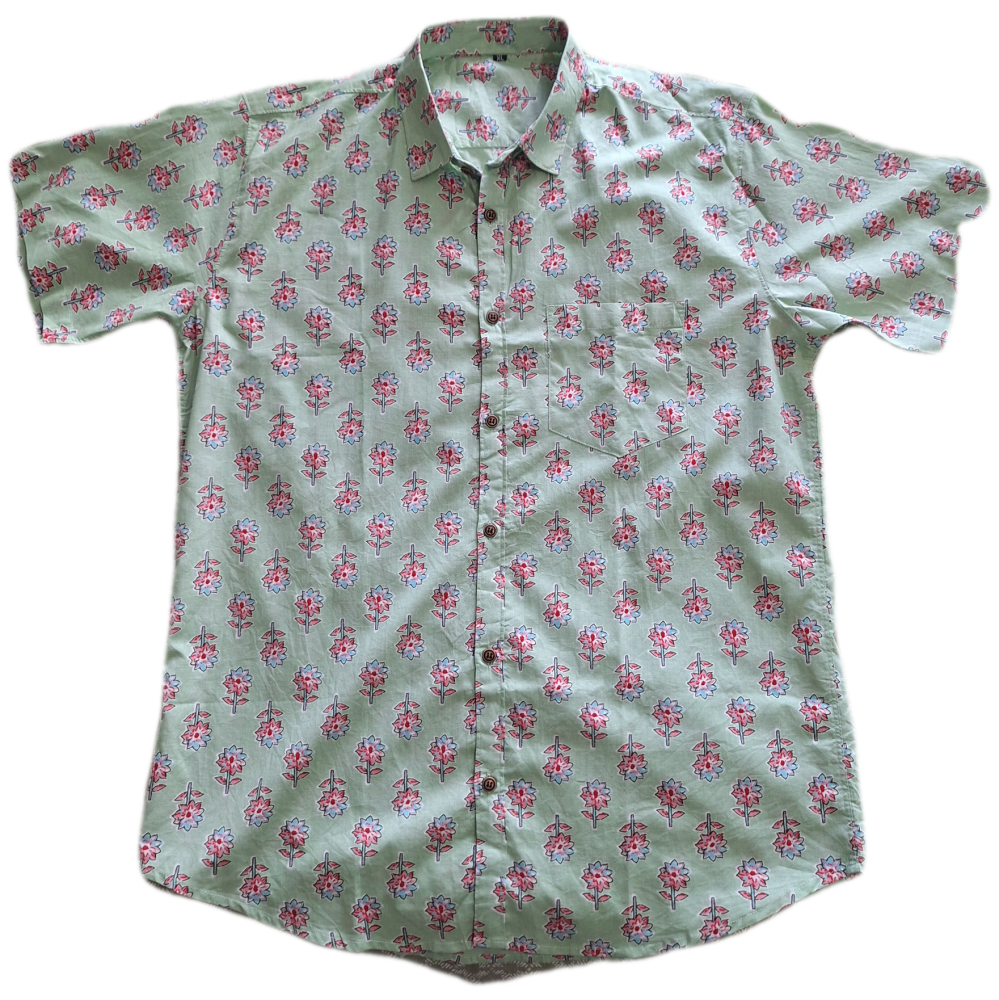Men's Indian Cotton Shirt - XL - Light Green Flower