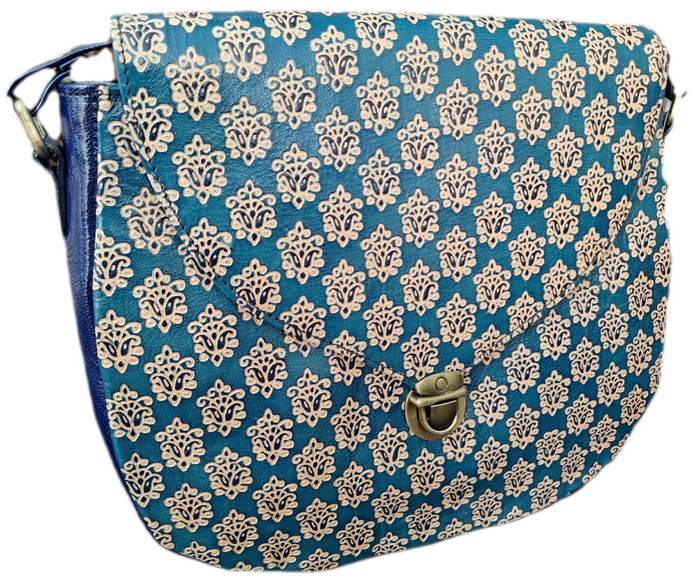 Embossed Leather Handbag - Blue Motif