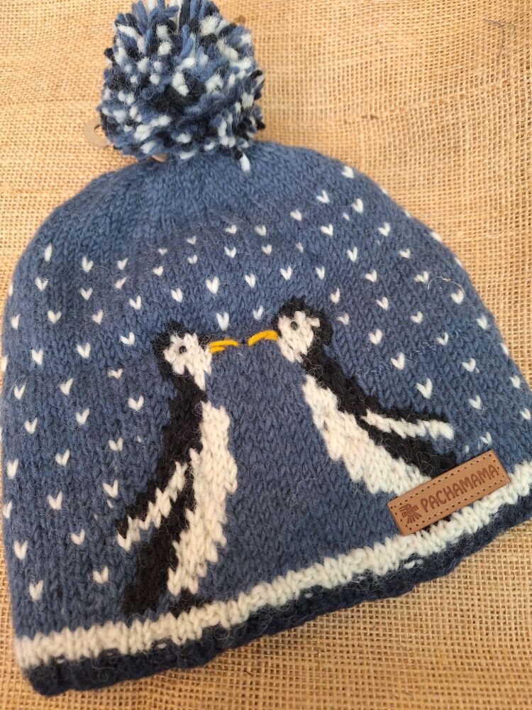 Blue Penguin - Handknitted Bobble Beanie Hat