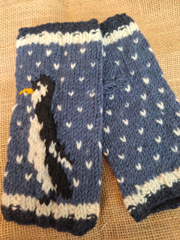 Blue Penguin - Handknitted Wrist Warmers