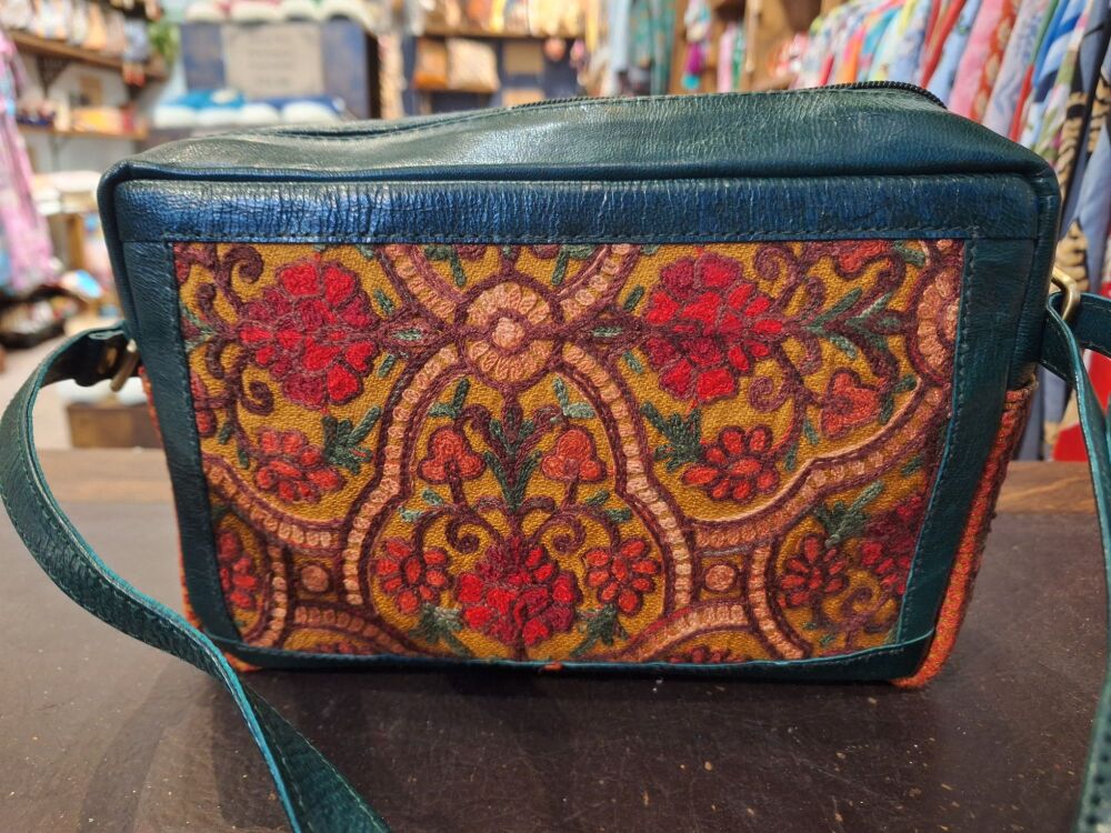 Embroidered Panel Leather Handbag - Design A