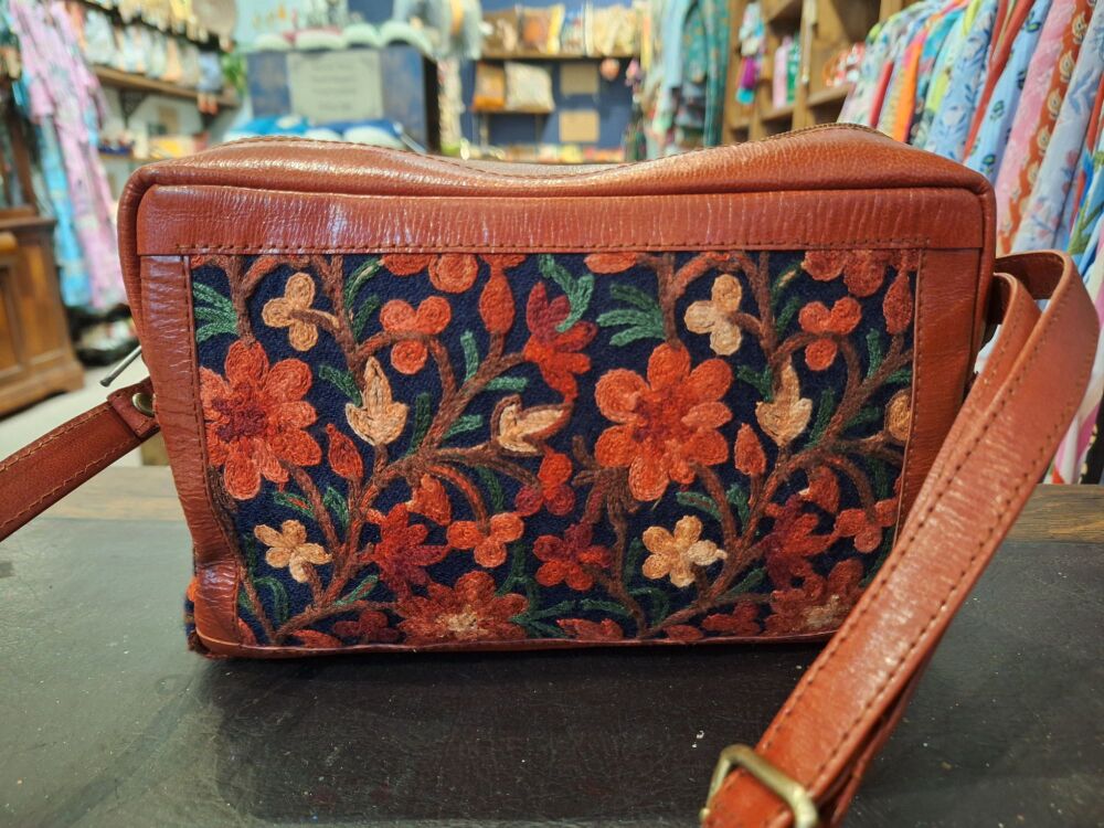 Embroidered Panel Leather Handbag - Design B