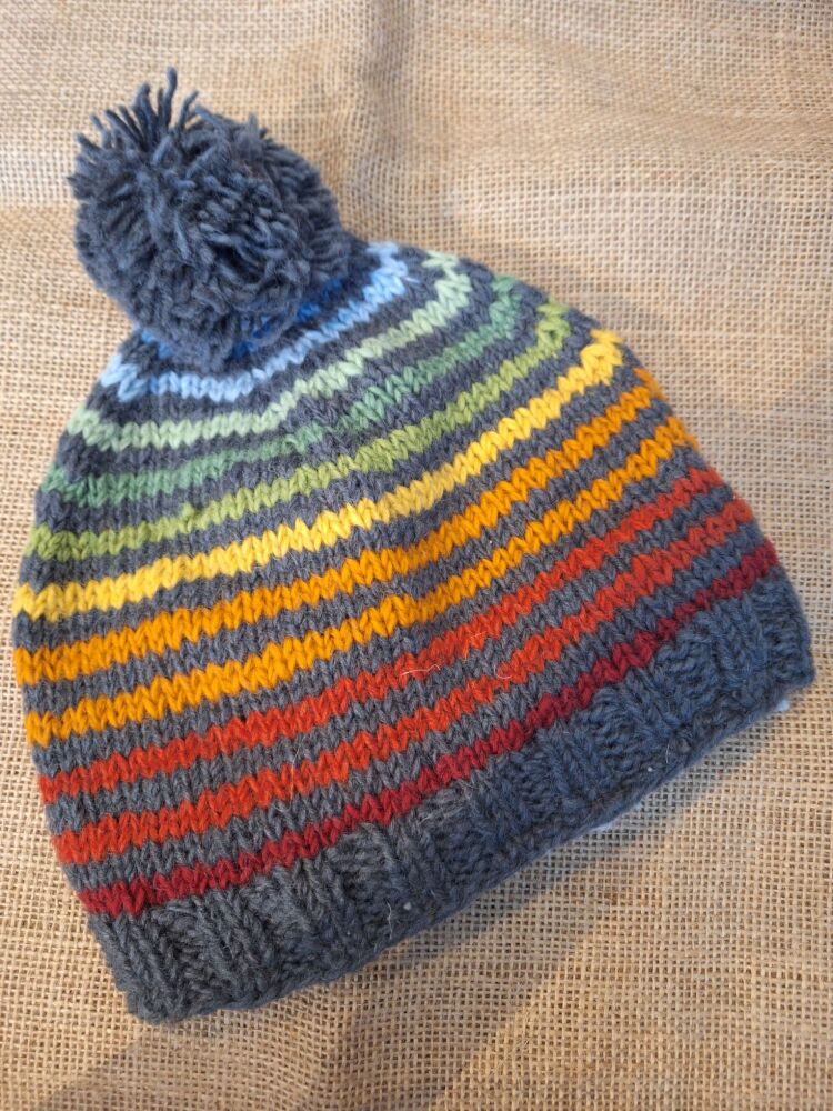 Grey Stripe - Handknitted Bobble Beanie Hat