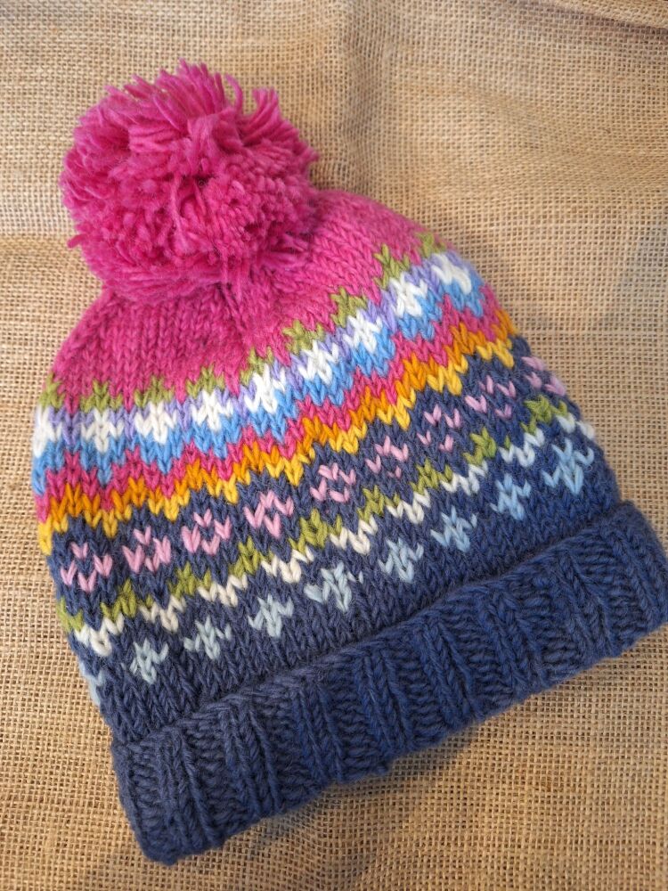 Clifden Pink - Handknitted Bobble Beanie Hat