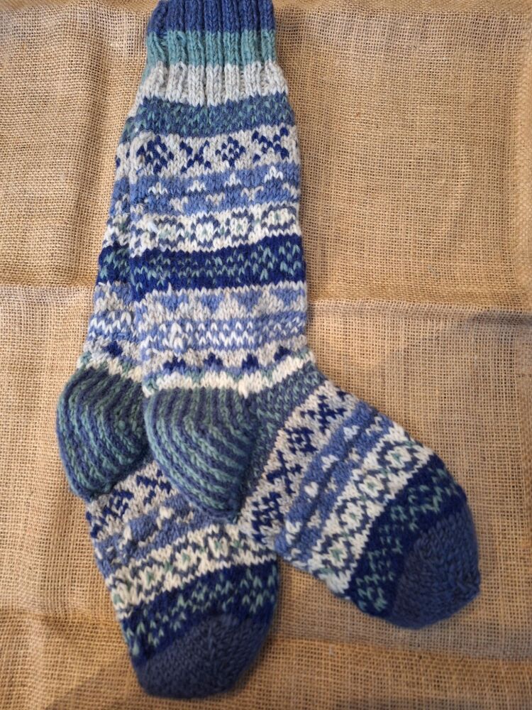 Fairisle Blue - Handknitted Long Socks