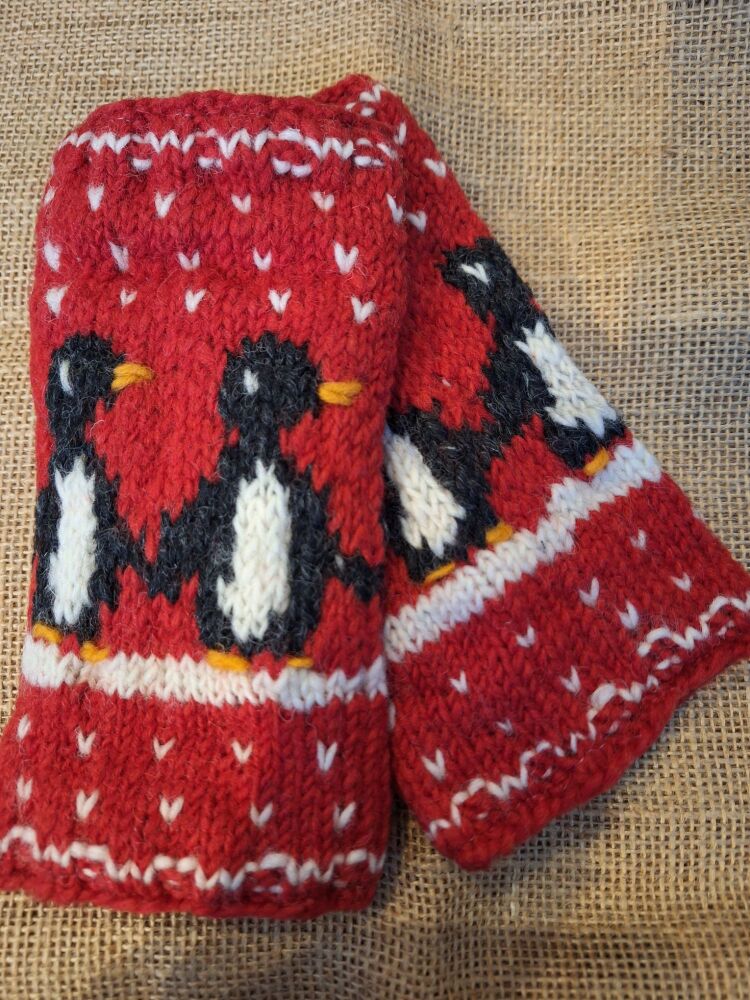 Red Penguin - Handknitted Wrist Warmers