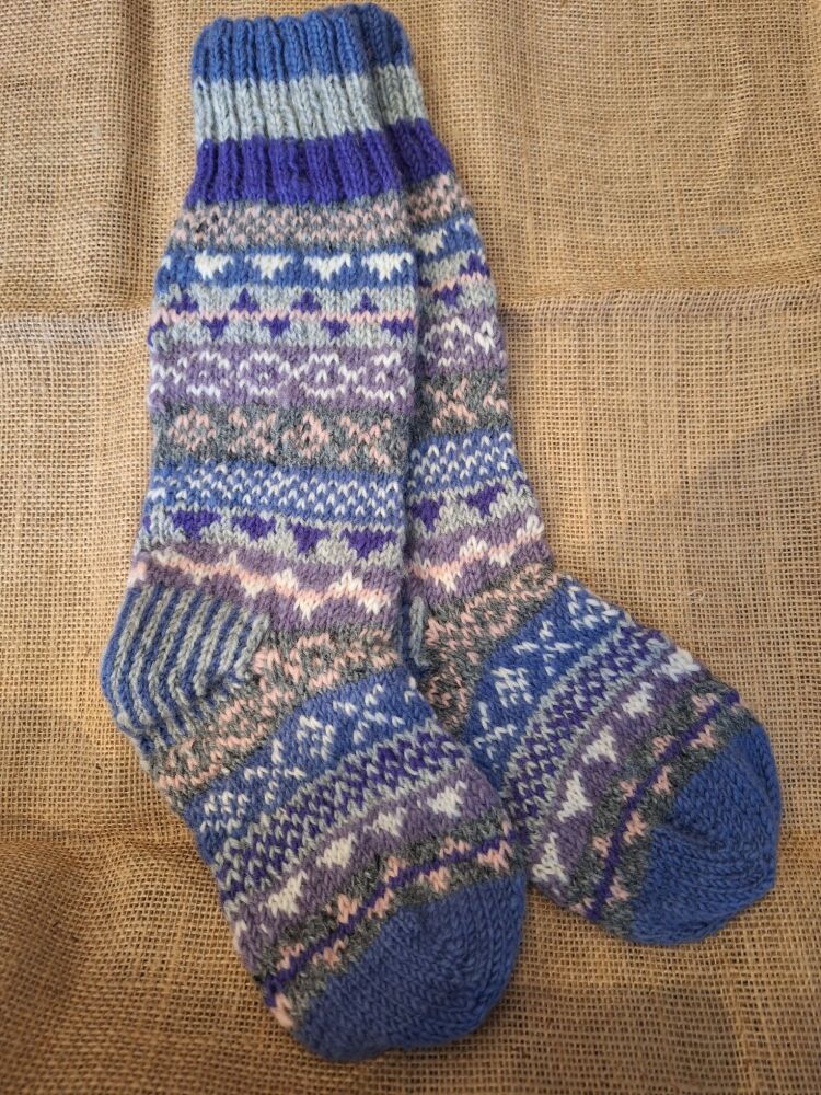 Fairisle Lilac - Handknitted Long Socks