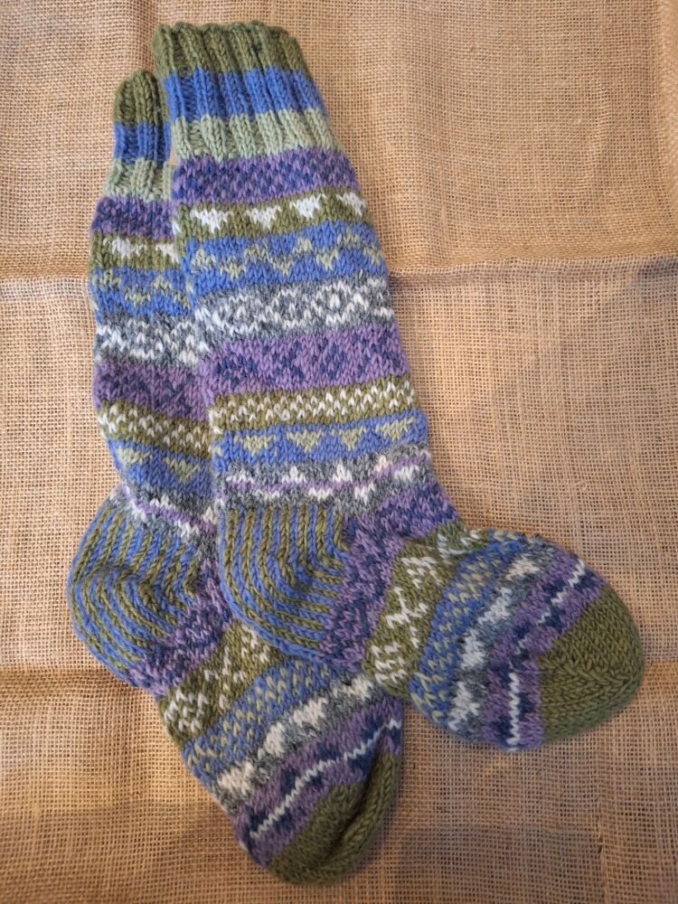 Fairisle Olive - Handknitted Long Socks