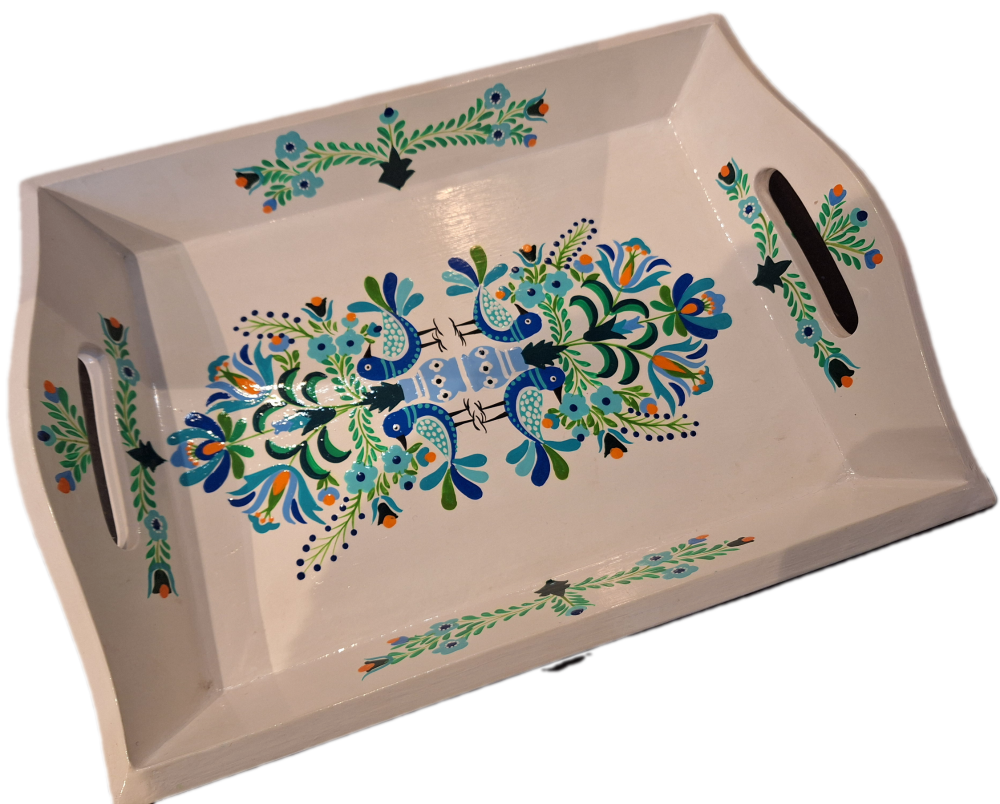 Indian Folk Art Wooden Tray - White