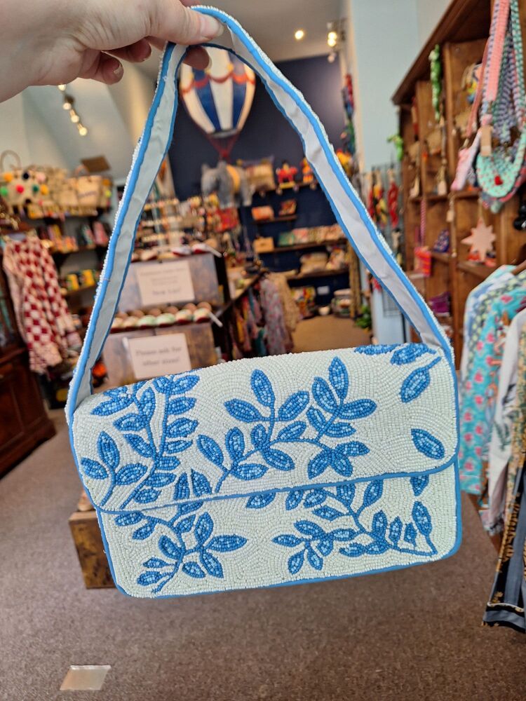 Beaded Handbag - Blue Flower Shoulder Bag