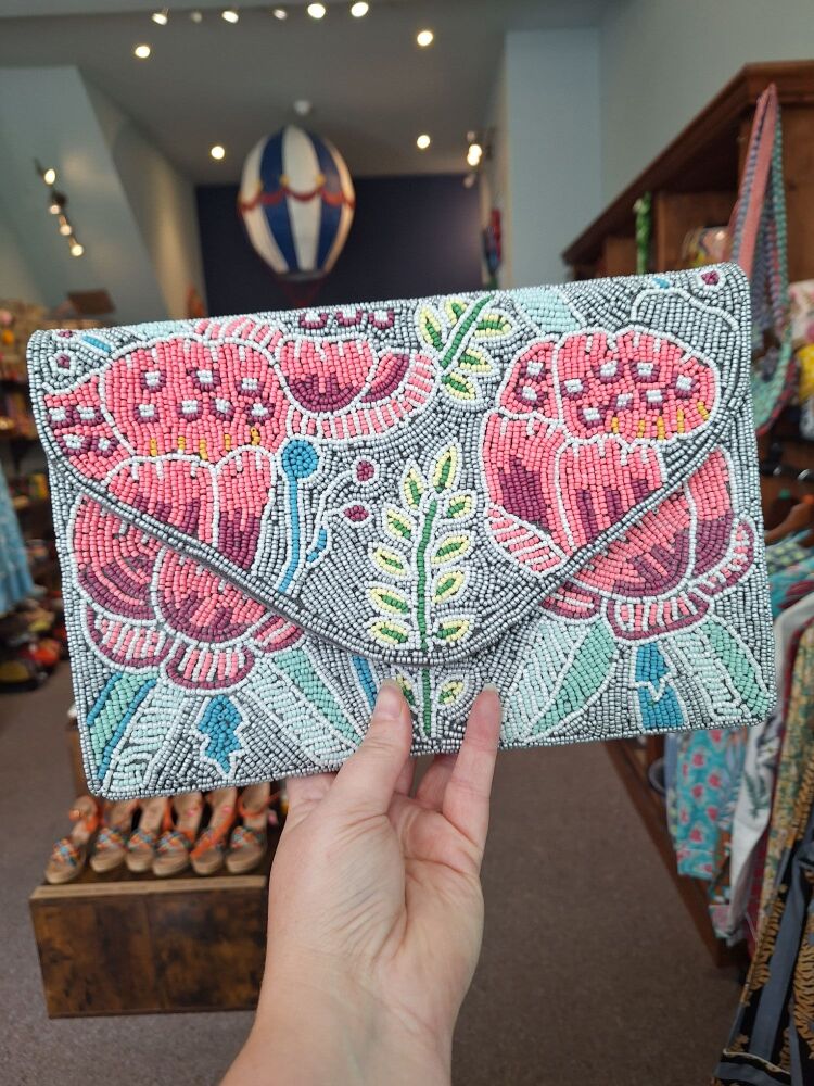 Beaded Handbag - Grey Flower