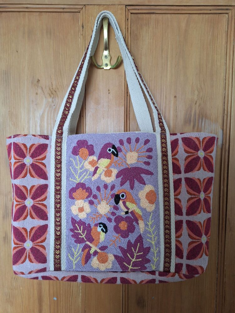 Beaded Tote Bag - Mauve Macaws
