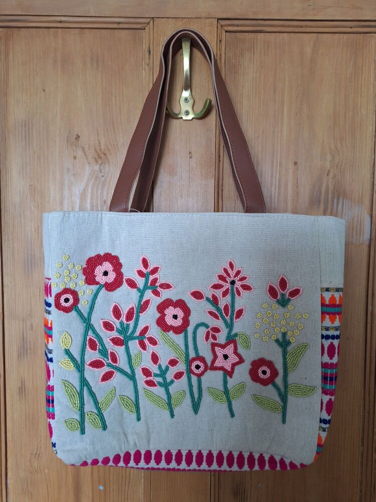 Beaded Tote Bag - Boho Poppy Field