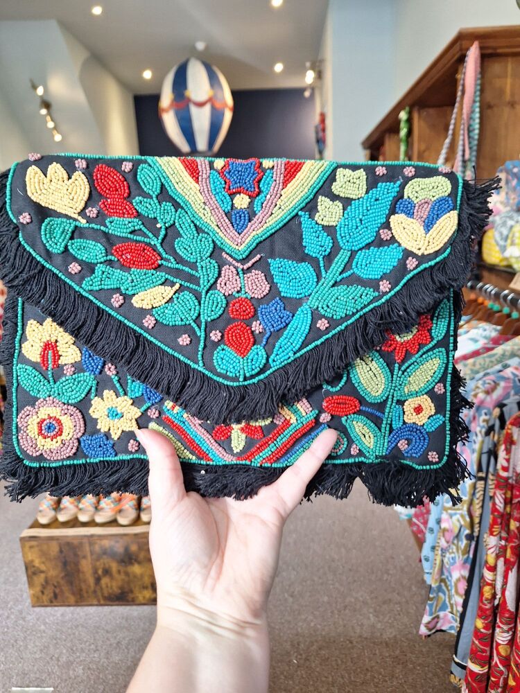 Beaded Handbag - Black Garden