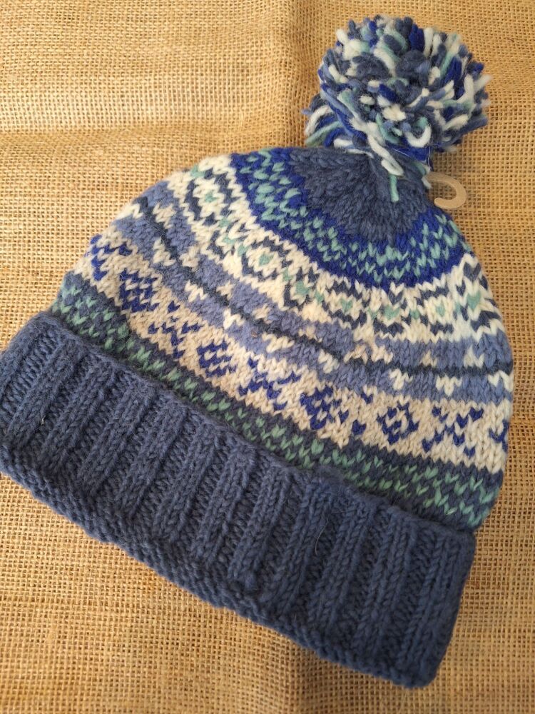 Fairisle Blue - Handknitted Rollover Bobble Beanie Hat