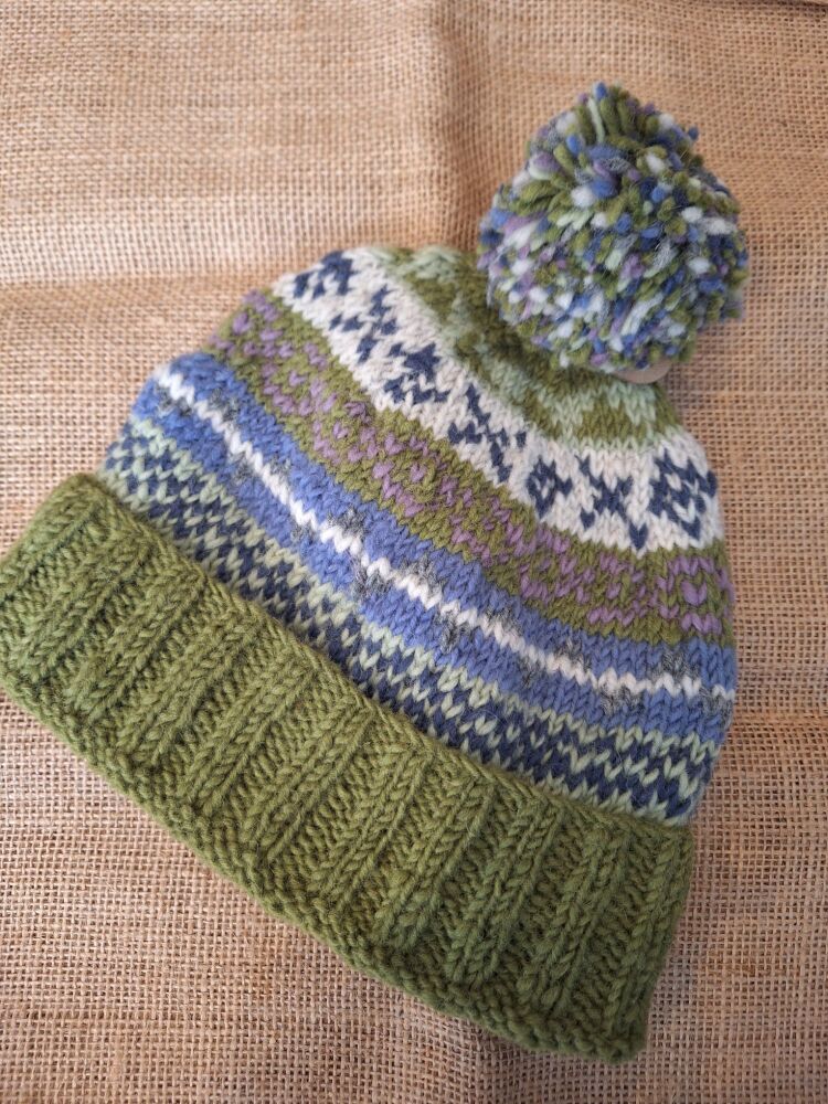 Fairisle Olive - Handknitted Bobble Rollover Beanie Hat