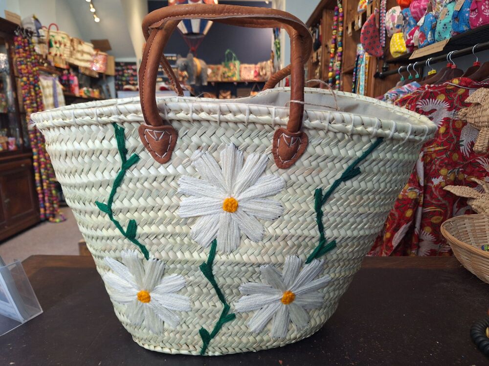 Moroccan Basket Bag - White Flower