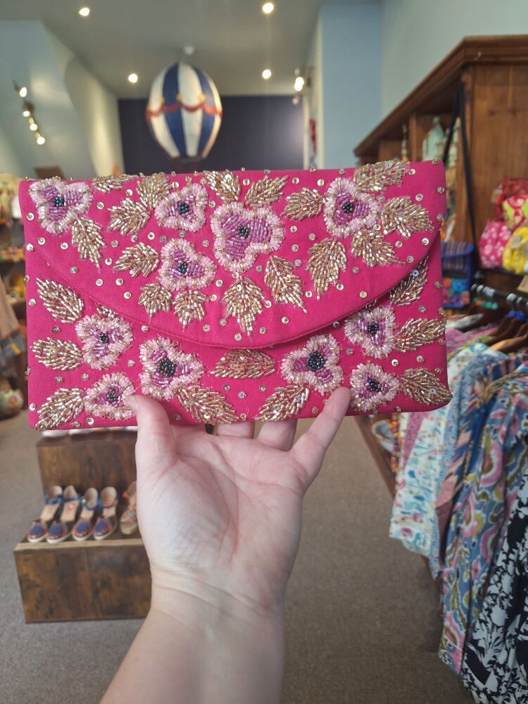 Beaded Handbag - Cerise Flower