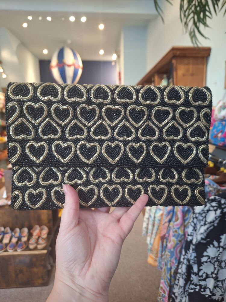 Beaded Handbag - Gold and Black Hearts