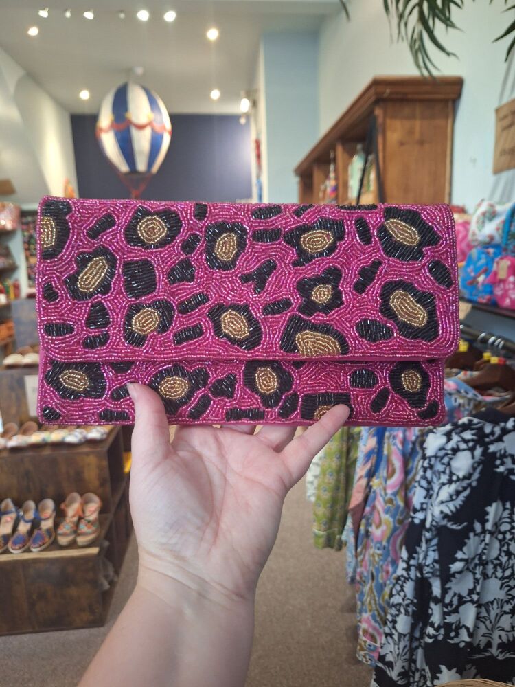 Beaded Handbag - Pink Leopard