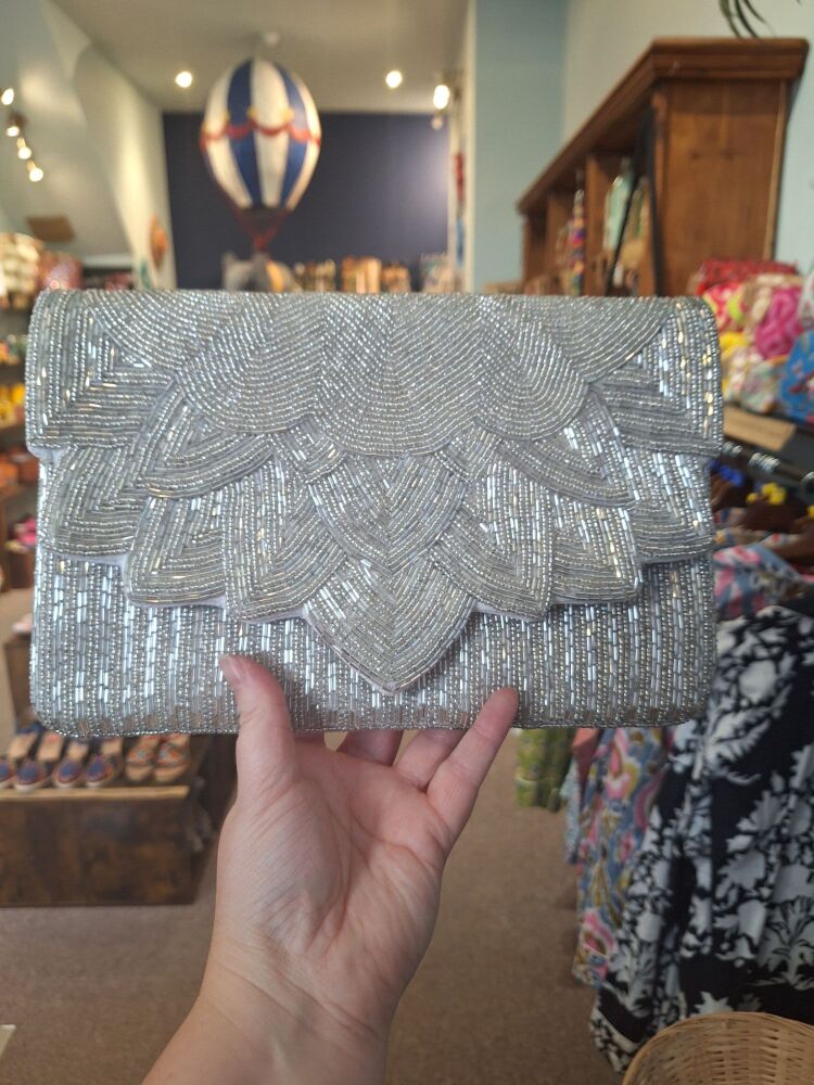 Beaded Handbag - Silver Feather