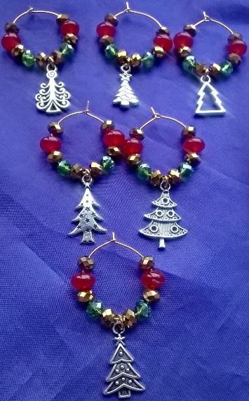 Set of 6 Mixed Christmas Tree Wine Glass Charms with Traditional Christmas