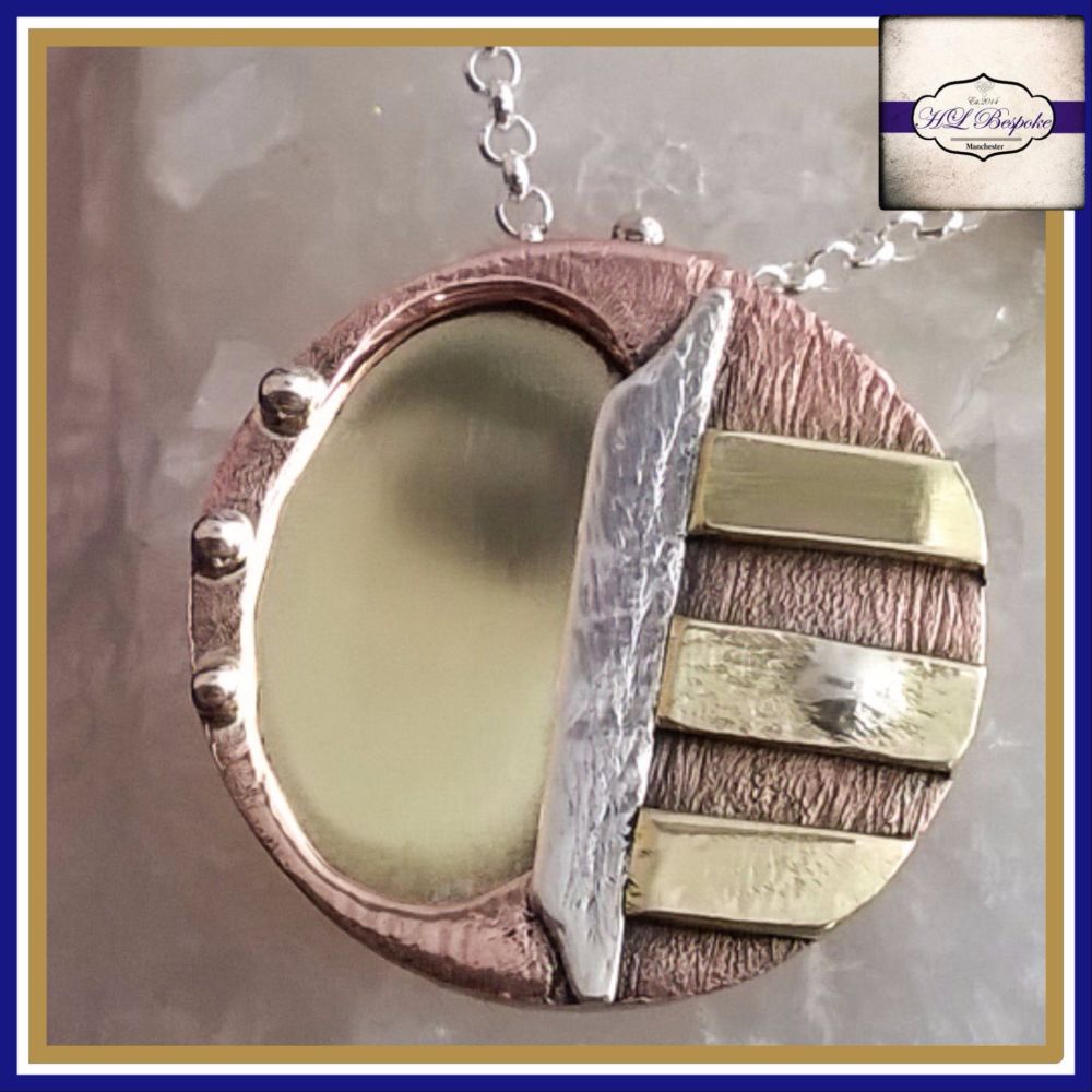 Mixed Metal Geometric Pendant - Copper, Sterling Silver & Brass Pendant - G