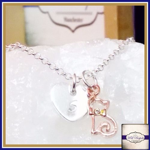Personalised Kitten Necklace - Silver & Rose Gold Cat Necklace - Swarovski