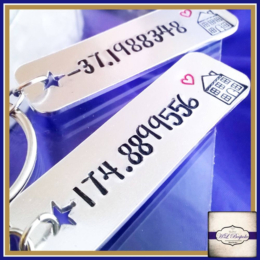 Personalised Valentines Couple Keyrings - Special Place Gift - Longitude & Latitude Keyrings - It's Only Home When Together - First Home