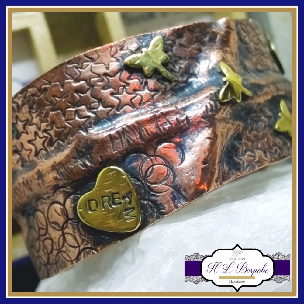 Inspirational Quote Mixed Metal Cuff With Dragonflies, Hearts & Stars - Cop