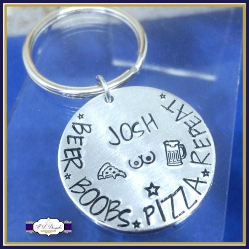 Personalised Man Keyring - Beer Boobs Pizza Repeat Gift - Typical Male Gift