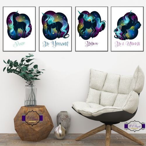 Black Mythical Unicorn Wall Art Set - A4 Unicorn Wall Decor Prints - Believ