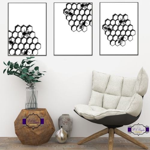 Honeycombe Bee Print Set - A4 Black and White Print Set - Black and White B