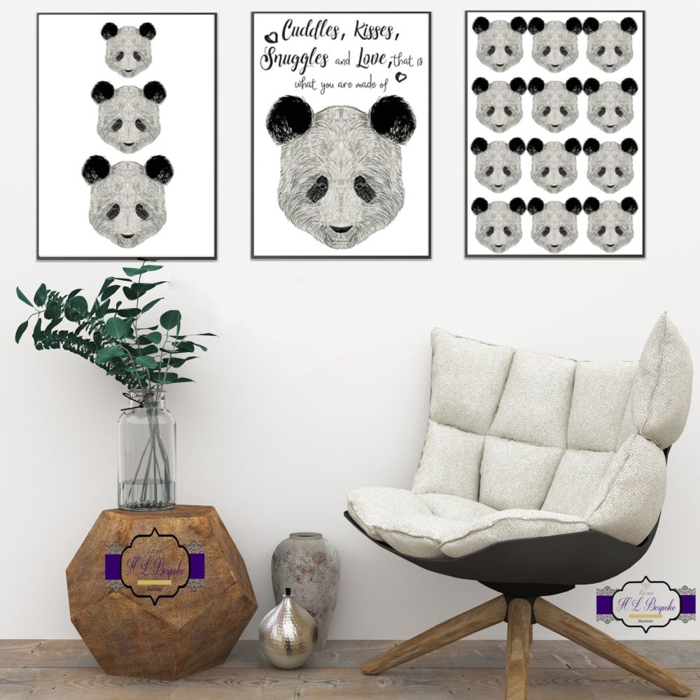 Panda Wall Art Set - A4 Adorable Panda Quote Wall Decor Prints - Black & Wh
