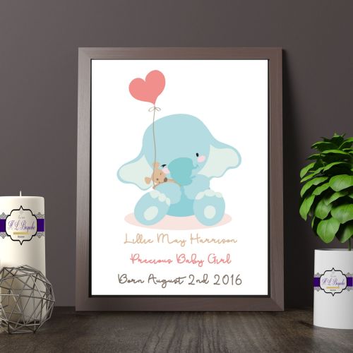 Personalised New Baby Print - Personalised New Baby Elephant Gift - Baby Na