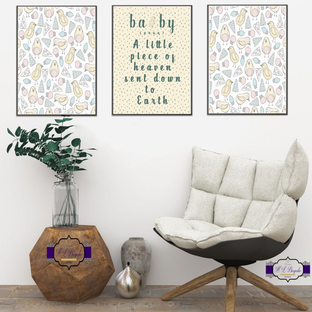 Unisex Nursery Wall Art Set - A4 Nursery Quote A Little Piece Of Heaven Sen