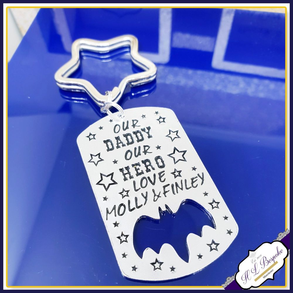 My Daddy My Hero - Personalised Bat Keyring - Our Daddy Our Hero - Bat Keychain - Father's Day Keyring - Metal Keyring - Best Daddy Keyring
