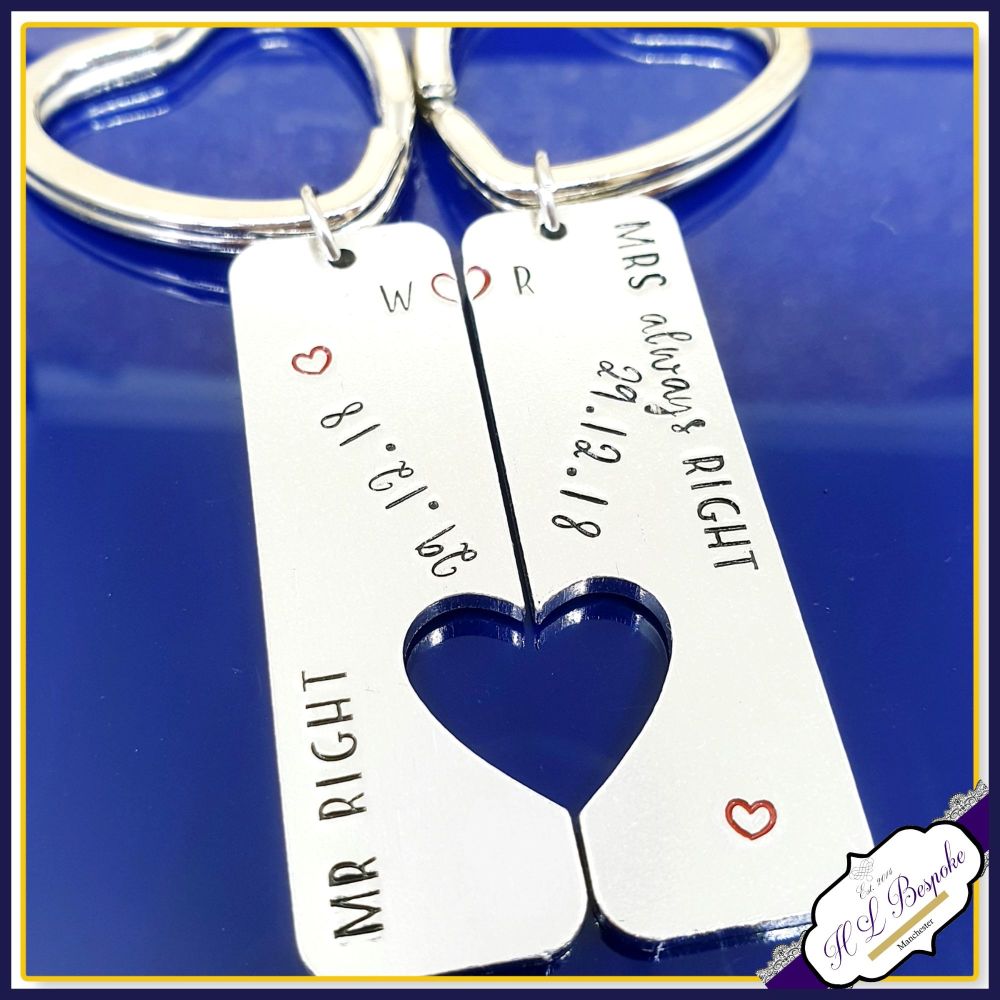 Mr Right Mrs Always Right Keyring - Personalised Couple's Keyrings - Engagement Gift - Wedding Gift - Wedding Date Gift - Funny Couples Gift