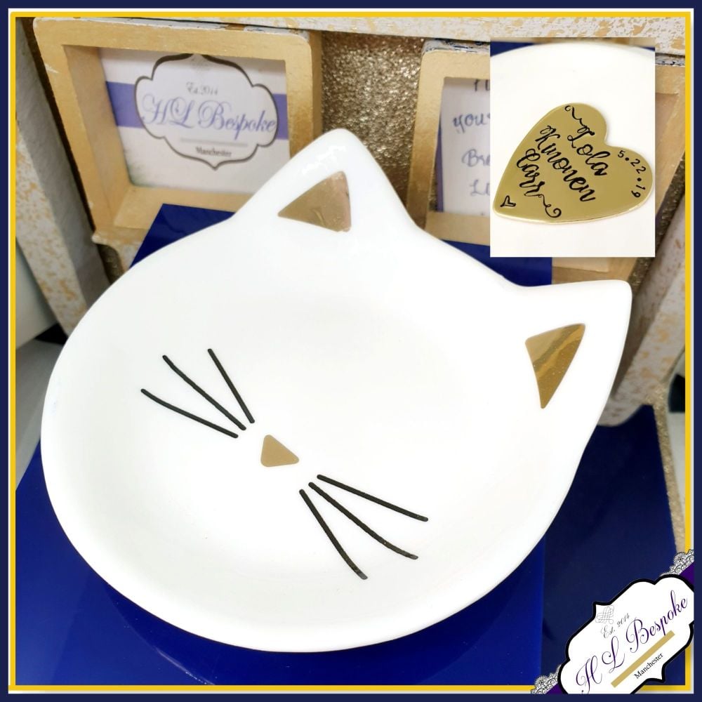 Personalised Ring Dish - Cat Face Trinket Dish - Modern Trinket Storage - Cat Lover Gift - White & Gold Trinket dish - Gold Foil - Jewellery