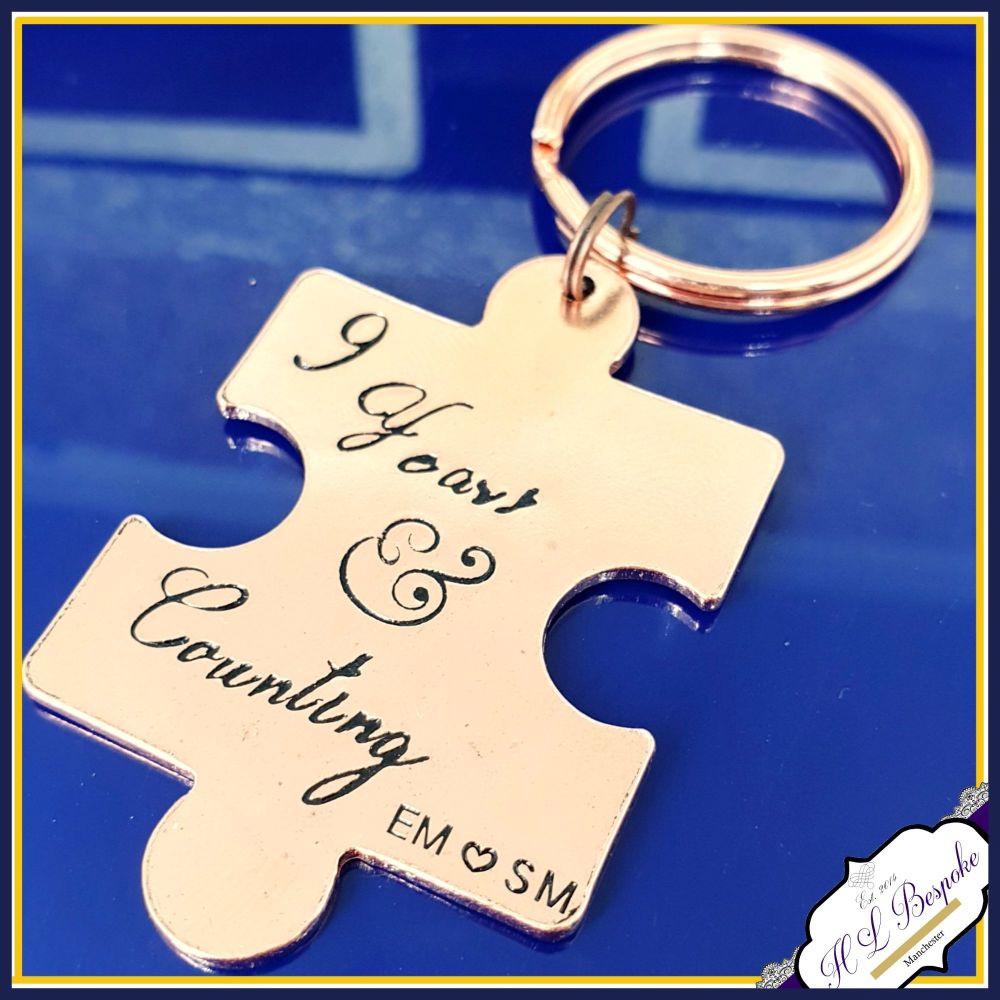 Personalised Copper 9th Wedding Anniversary Keyring - Puzzle Keychain - Cop