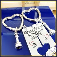 Pair King and Queen Keyrings - Personalised Chess Keyrings - Couple's Keyrings - Wedding Morning Gift - Chess King and Queen - Castle