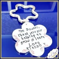 Personalised Teacher Keyring Gift - Hand Stamped with Teacher's Name and Child's - Thank You For Helping Me Grow And Learn Flower
